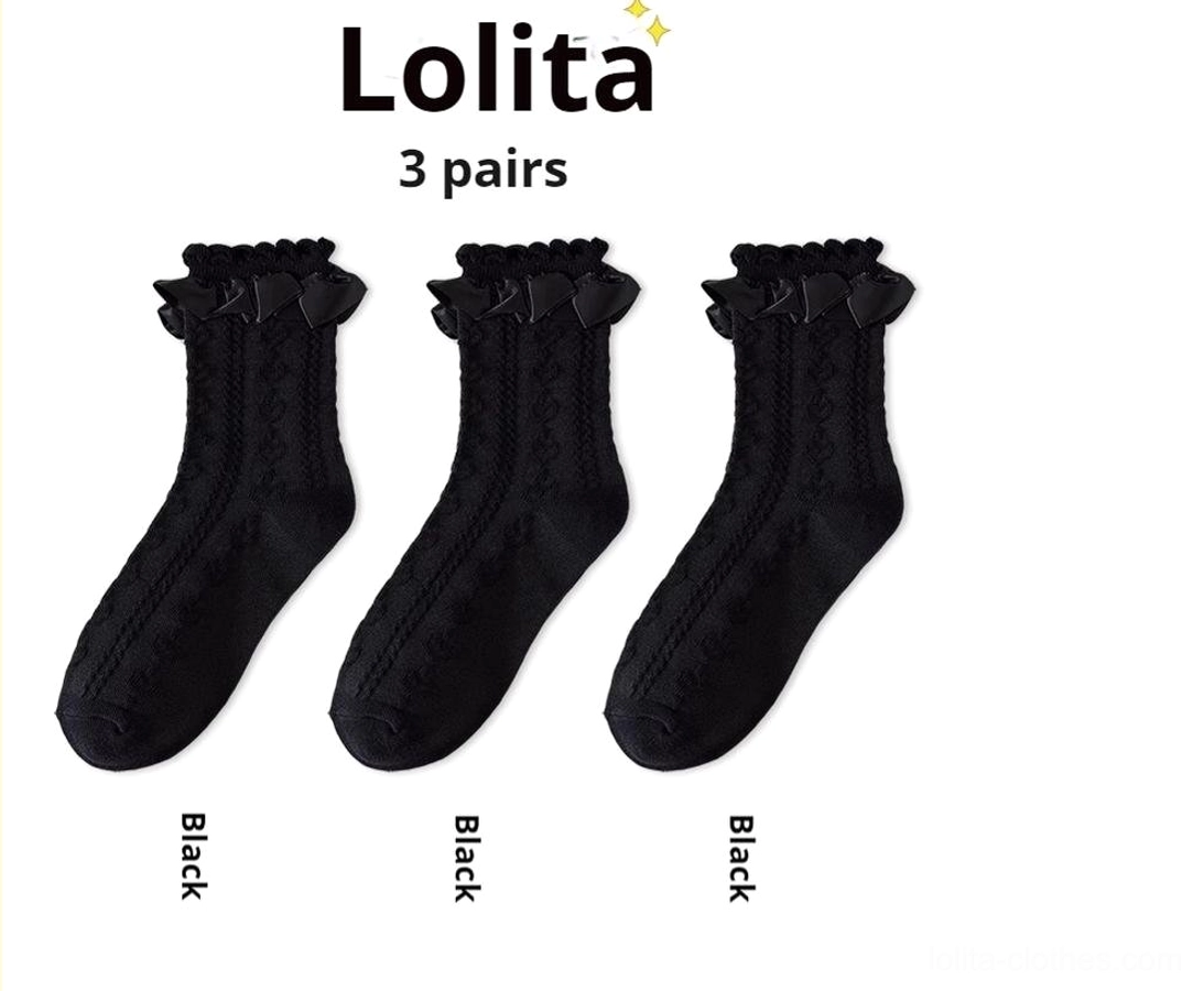 Three-pair black Sweet Lolita mid-calf socks set with ruffled ankle cuff and twisted knit texture gothic lolita coordinate option