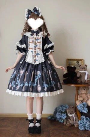Black sweet lolita OP dress with hair bow accessory and musical note tableware print, apron-style front panel, indoor room with teddy bear decor, full-body front view