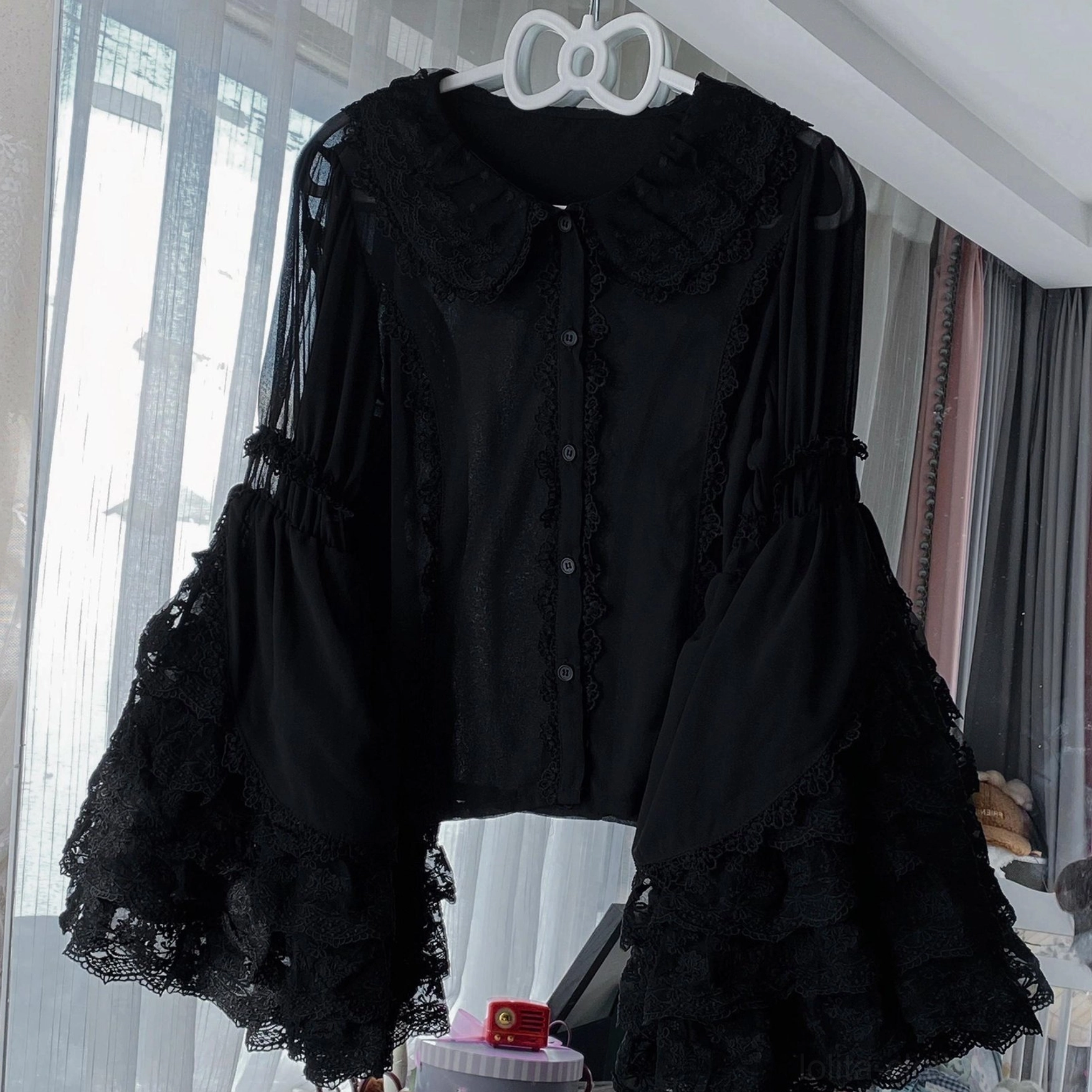 Black Sweet Lolita lace blouse large Peter Pan collar sheer chiffon full layered lace sleeves