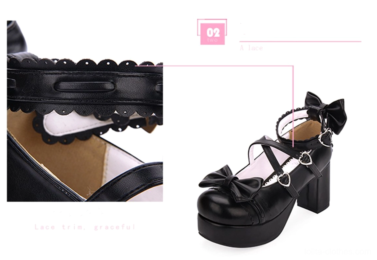 Black sweet lolita platform heels ankle strap cross design ruffled lace trim metal buckles side profile detail