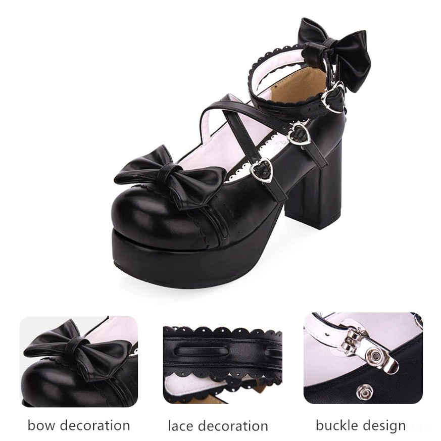 Black sweet lolita platform high heels shoes with front bow ruffled lace ankle strap heart-shaped buckles detail shots