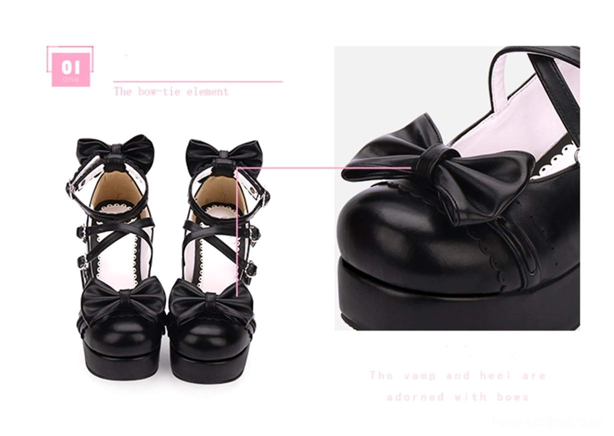 Black sweet lolita heels detailed close-up front vamp bow decoration smooth leather upper craftsmanship view