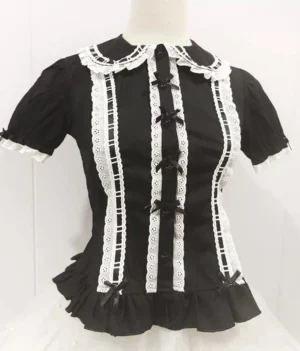 Black Sweet Lolita Short Sleeve Blouse with White Lace Trim and Black Ribbon Bows Peter Pan Collar Front View