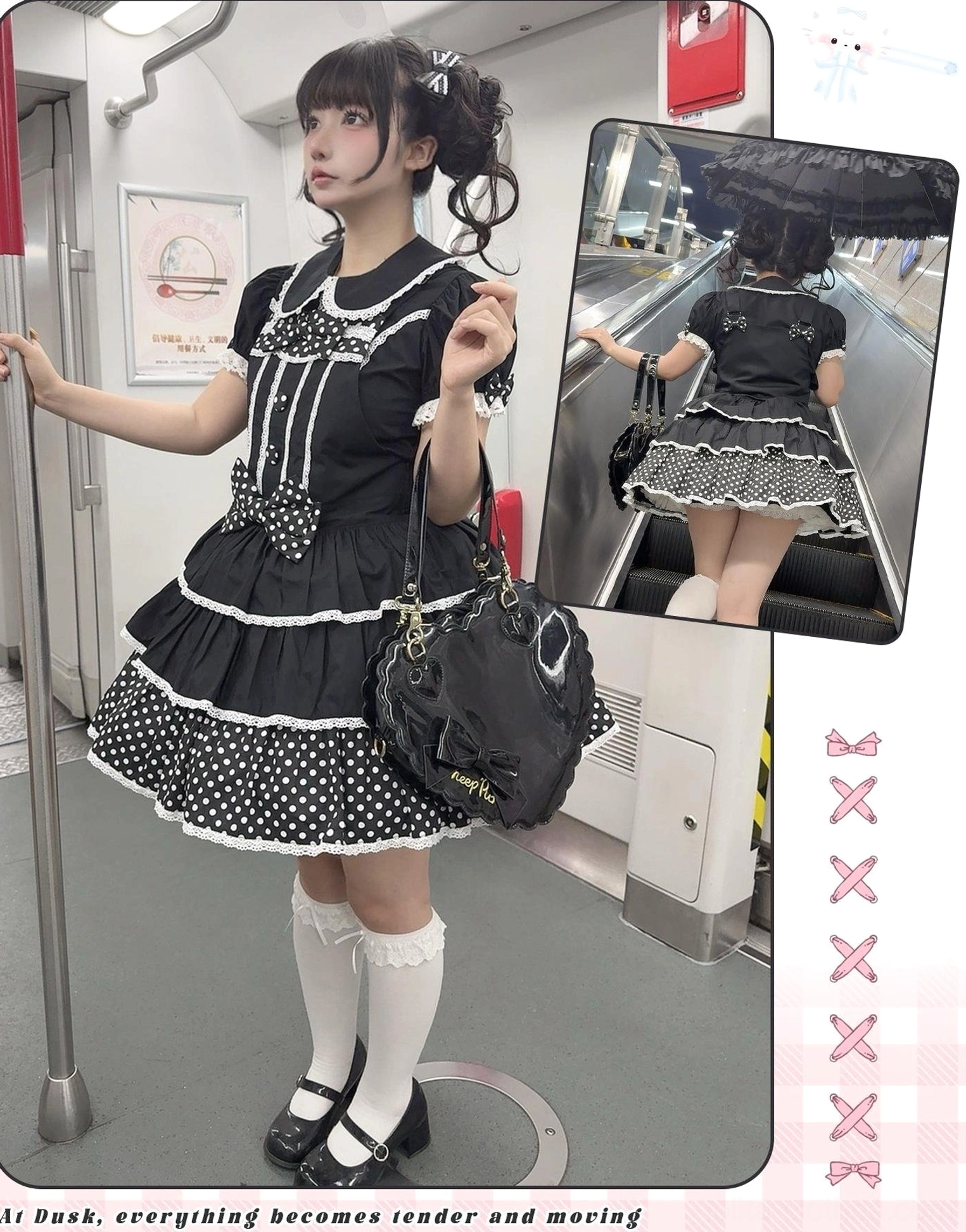 Black sweet lolita salopette jsk polka dot ruffled skirt chest ribbon trim front display