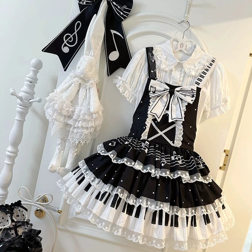 Black Sweet Lolita Salopette with Peter Pan Collar Inner Shirt and White Front Bow - Decorative Lace Details with Matching Accessories Display