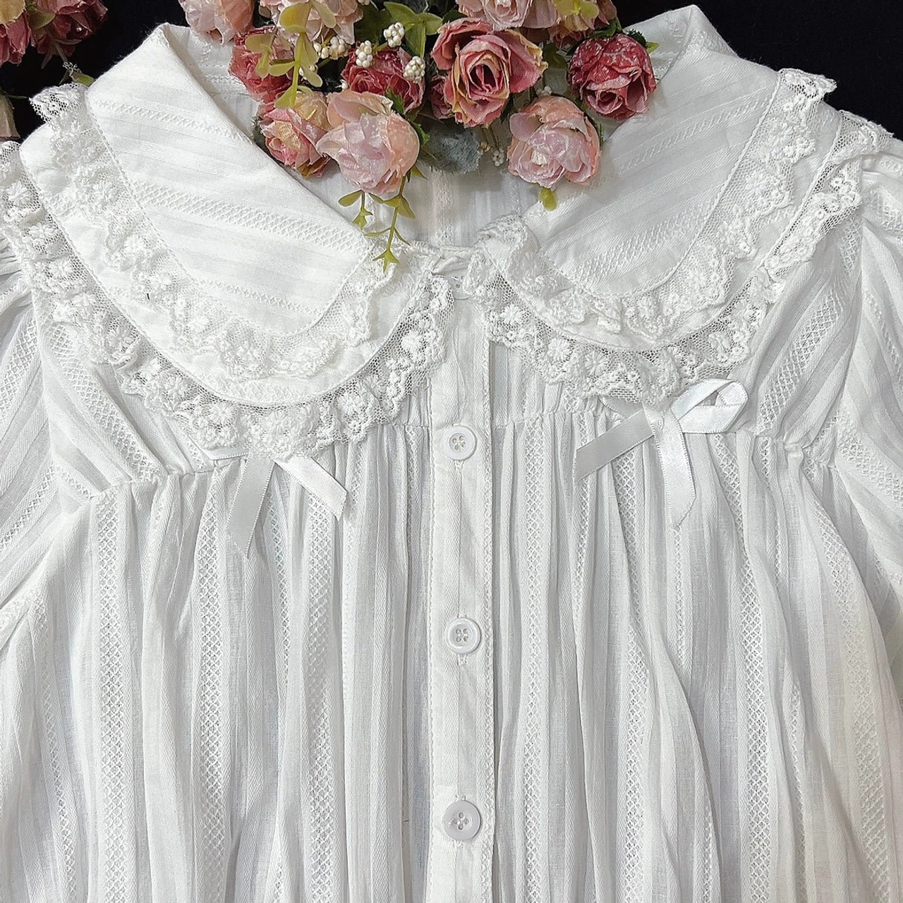 Black sweet lolita doll collar blouse short sleeve puff sleeves button front closure detail