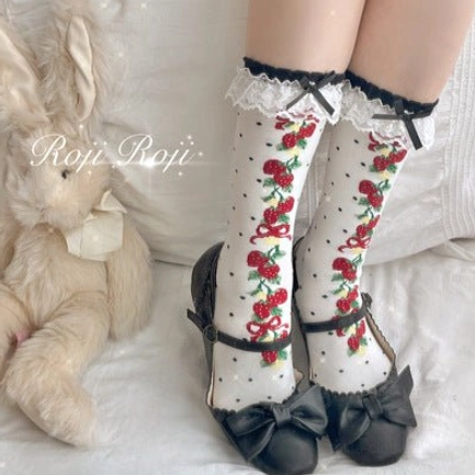 black sweet lolita short socks cute bow accent lace ruffle upper dark color classic little details sweet lolita coordinate