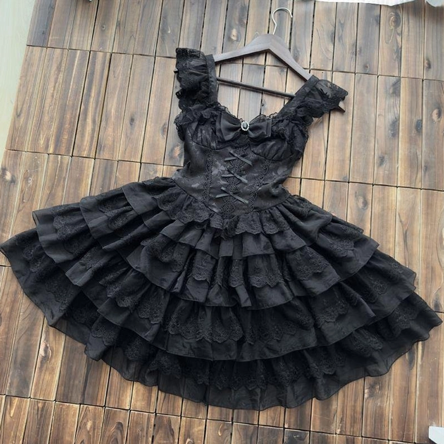 Black sweet lolita wedding JSK jumper skirt displayed as standalone option without tulle train, showing complete tiered skirt construction