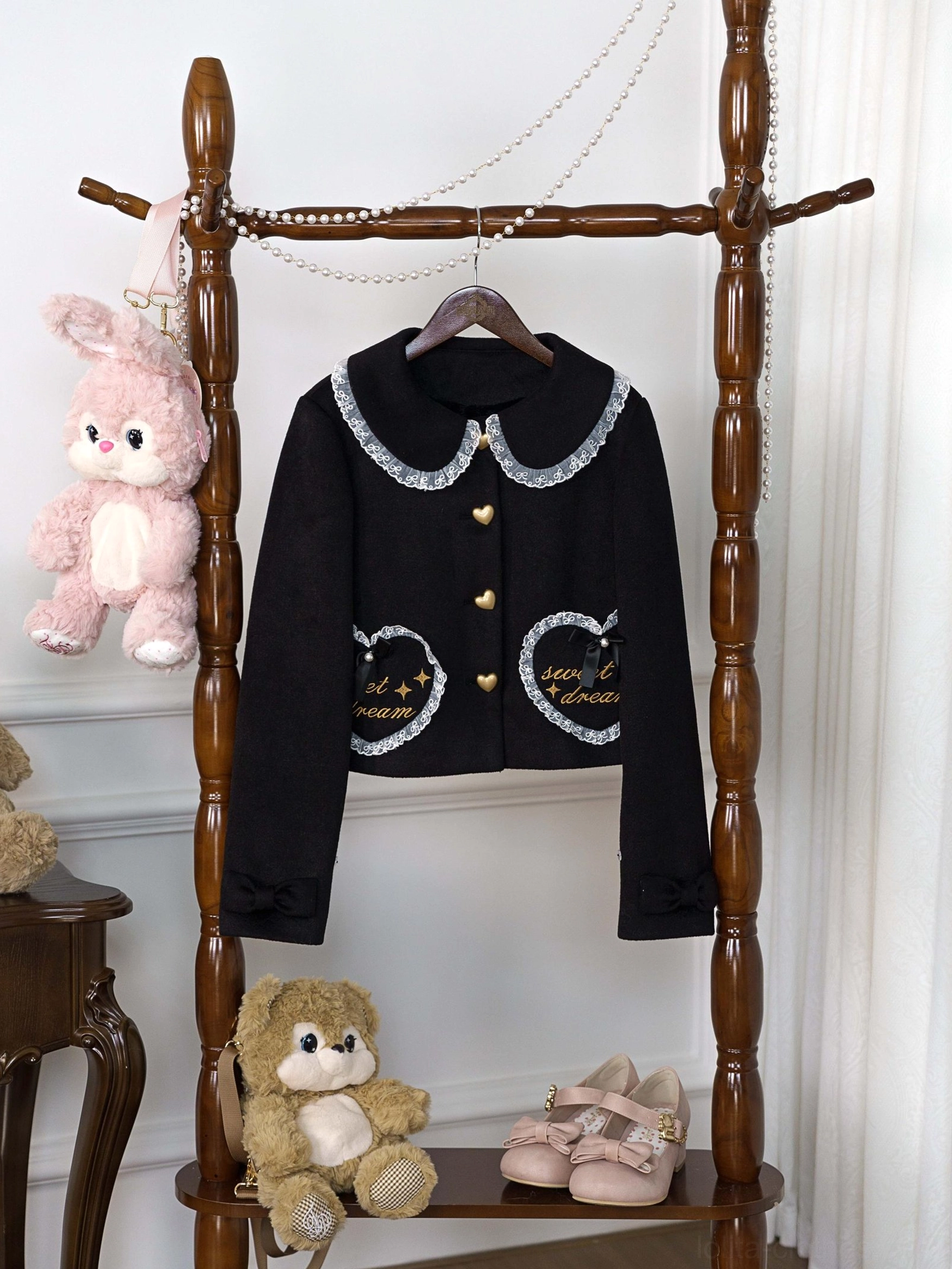 Black sweet lolita winter fleece coat full view showing classic elegant silhouette versatile color and peter pan collar design