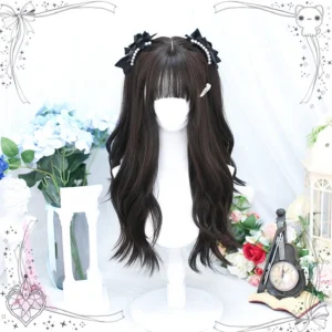 Long wavy black tea Lolita wig front view on mannequin with air bangs, pearl embellished bow hairpins and side hair clips, vintage romantic floral and clock decor styling