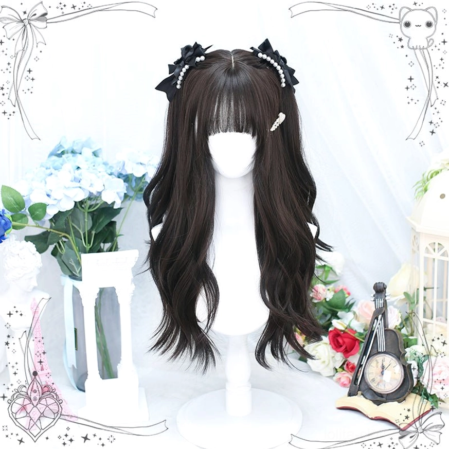 Long wavy black tea Lolita wig front view on mannequin with air bangs, pearl embellished bow hairpins and side hair clips, vintage romantic floral and clock decor styling
