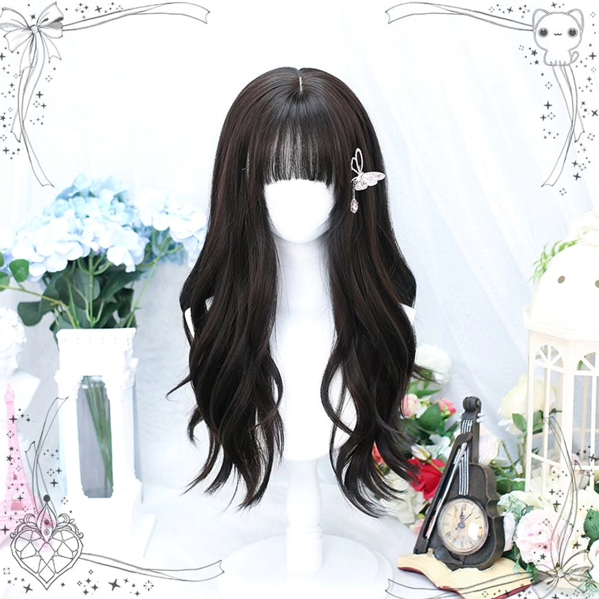 Long curly wavy black tea Lolita wig with air bangs and butterfly side hair clip, natural dark brown wavy hair texture, displayed on mannequin against vintage floral and retro clock background