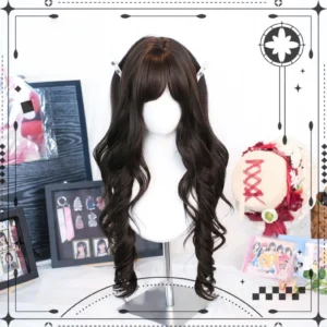 Black tea dark brown long curly Lolita wig with thick voluminous waves and wispy bangs styled on mannequin head with cute lolita background decorations