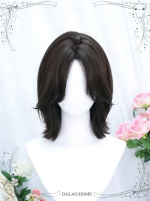 Eight-character bangs black tea brown short Lolita wig displayed frontally on mannequin head against white curtain backdrop with pink rose decorations, showcasing middle-parted layered dark brown hair style for daily Lolita coordinates