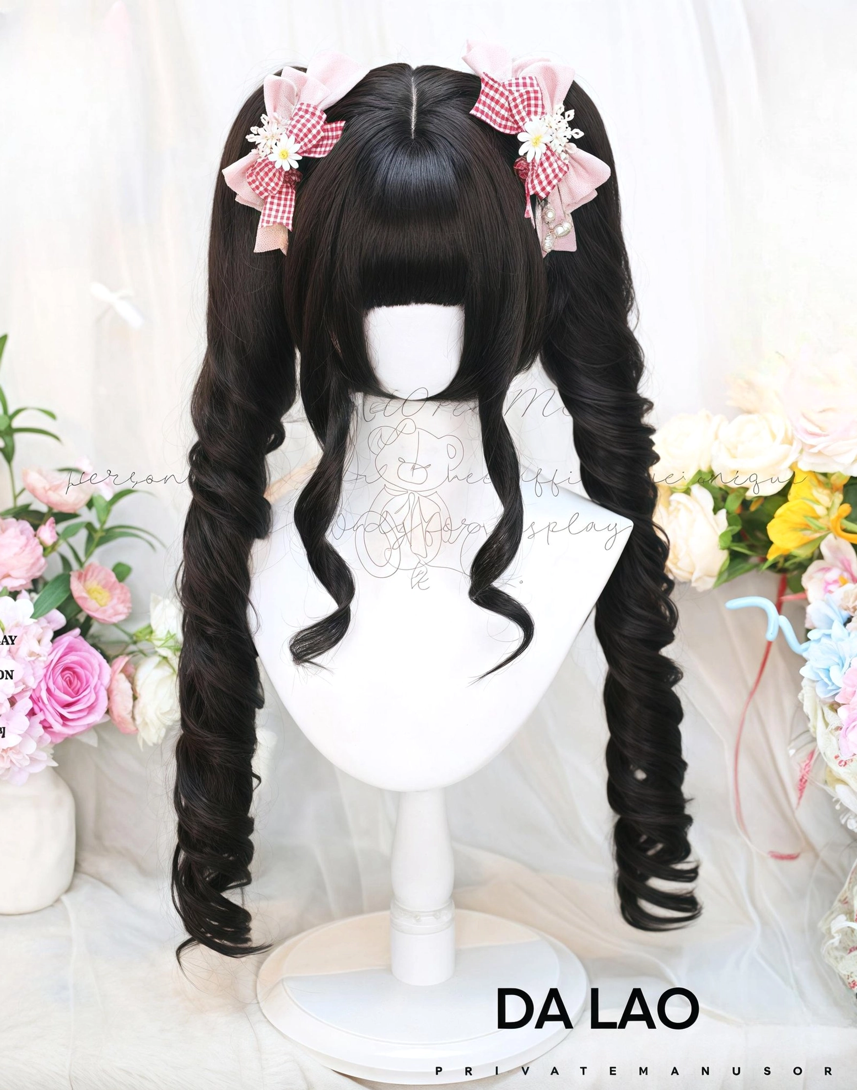 Black Tea jet black Lolita Roman roll twin tails wig front view on display mannequin, featuring pure black color, blunt bangs, long curly detachable ponytails, pink gingham bow hair clips with flower accents