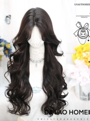 Black Tea deep brown Lolita wig 70cm with voluminous curly waves and eight-style curtain bangs on display mannequin with flower butterfly backdrop