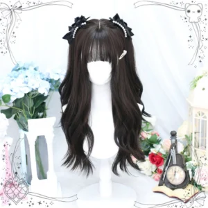 Black tea long curly wavy Lolita wig with air bangs displayed on mannequin head, featuring natural dark brown wavy texture and pearl bow hairpin accessories against romantic vintage floral and retro clock background