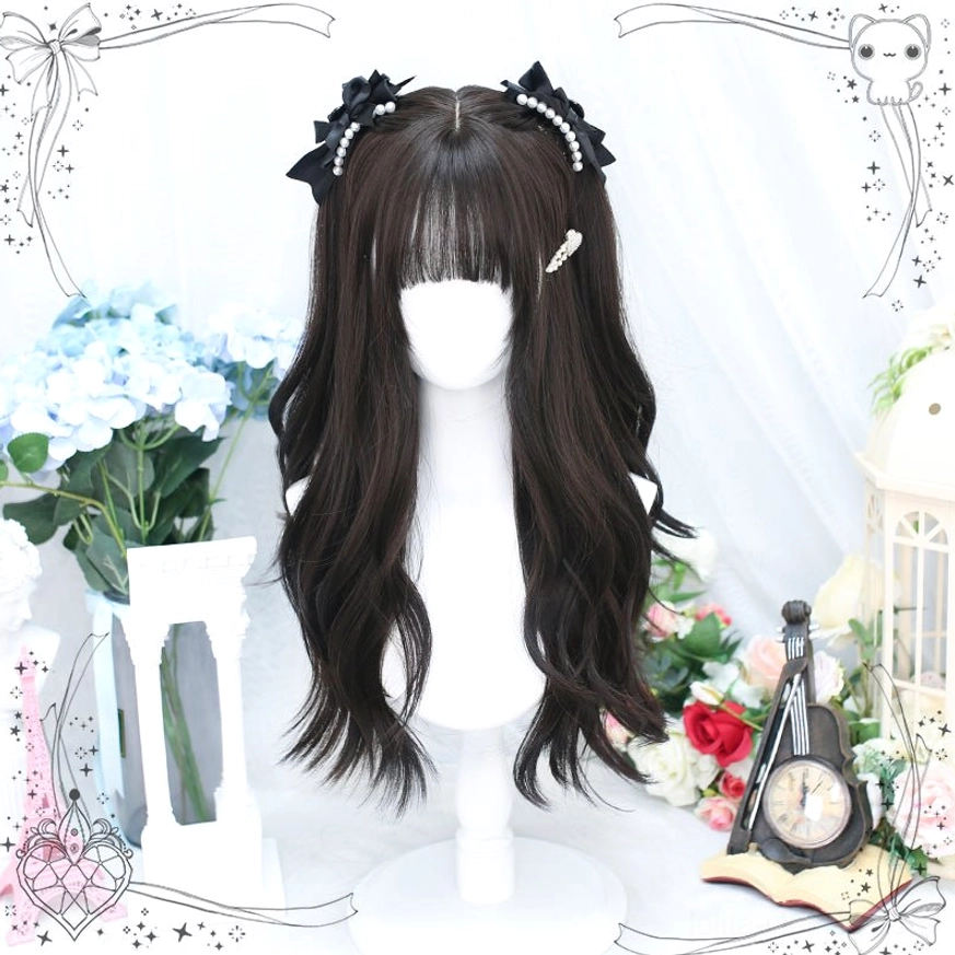 Black tea long curly wavy Lolita wig with air bangs displayed on mannequin head, featuring natural dark brown wavy texture and pearl bow hairpin accessories against romantic vintage floral and retro clock background