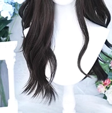 Black tea curly wavy Lolita wig side and back view on small mannequin, displaying natural wavy hair ends and dark brown coloring with vintage floral decor