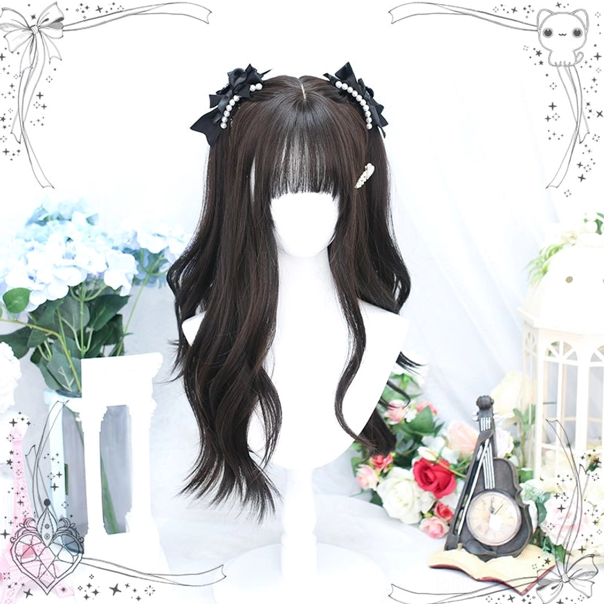Black tea wavy Lolita wig long length front display on mannequin head with single butterfly side hair clip, pearl bow hairpins, natural dark wavy texture and air bangs