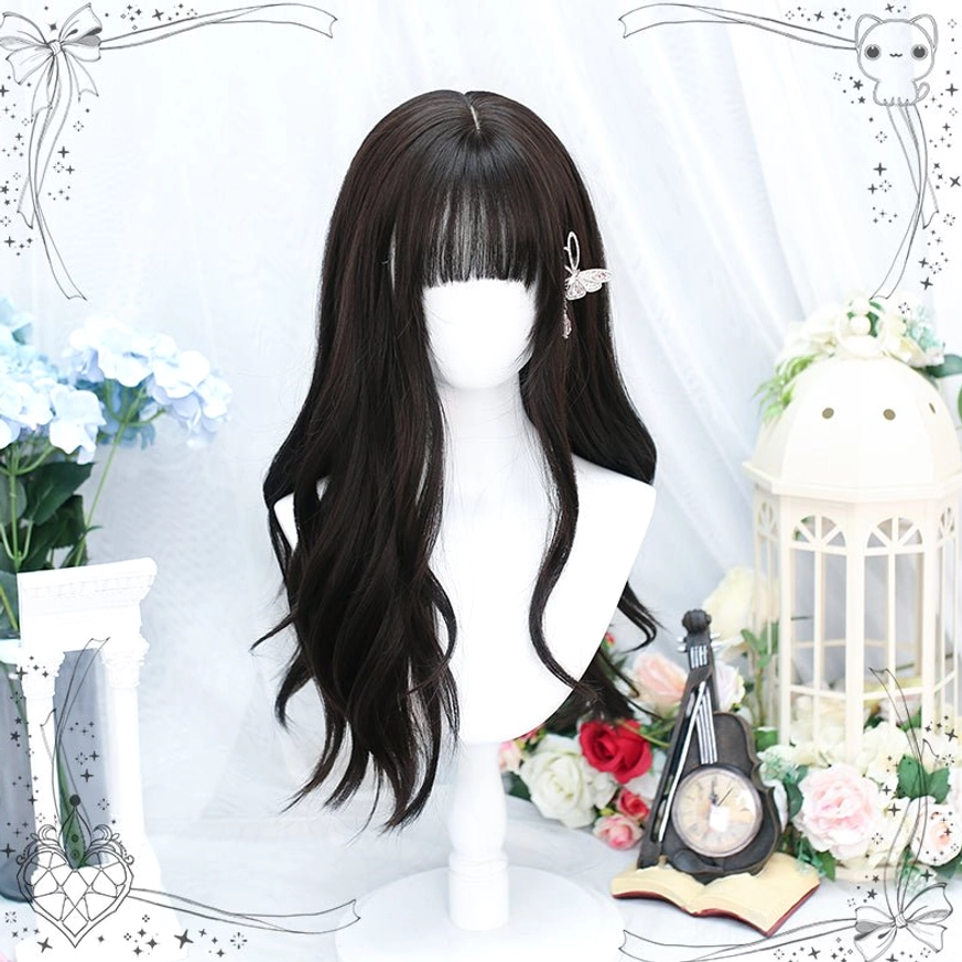 Black tea long wavy Lolita wig three-quarter front view on mannequin, featuring air bangs, butterfly hair clip, natural wavy texture, white birdcage and vintage flower ornament background styling