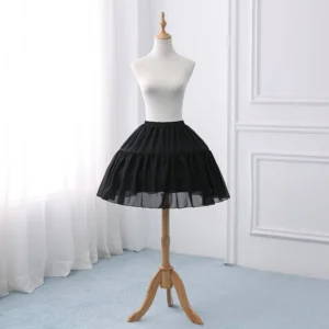 black tiered lolita petticoat full front standing view sheer hem elastic waist gathered panels mannequin