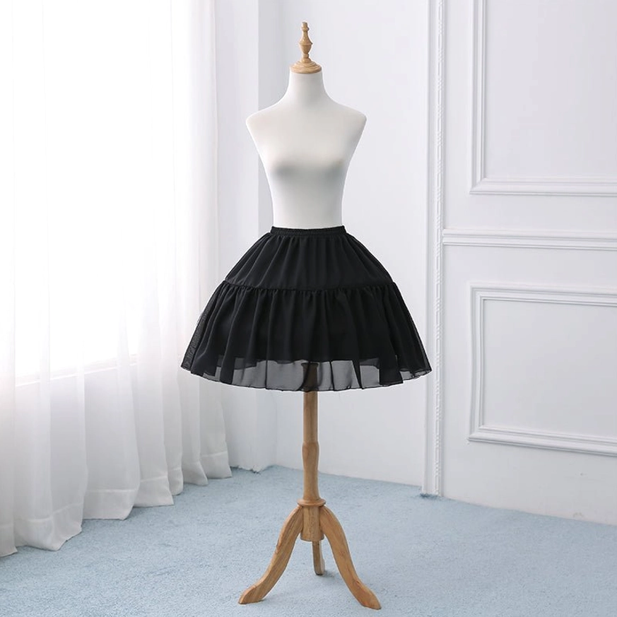black tiered lolita petticoat full front standing view sheer hem elastic waist gathered panels mannequin