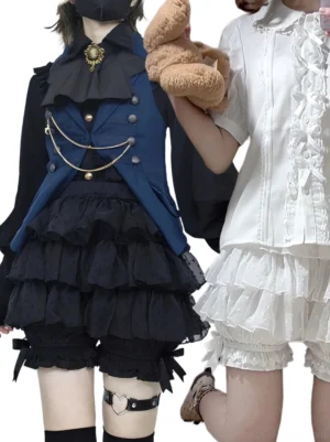 Black tiered ruffle lolita bloomers with lace trim and decorative ribbon bows worn by two models in sweet gothic lolita fashion coordinates with plush bear prop styling