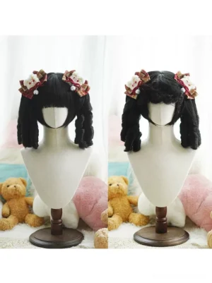 Black natural twin Roman curl lolita wig with blunt bangs and double ponytails displayed on mannequin