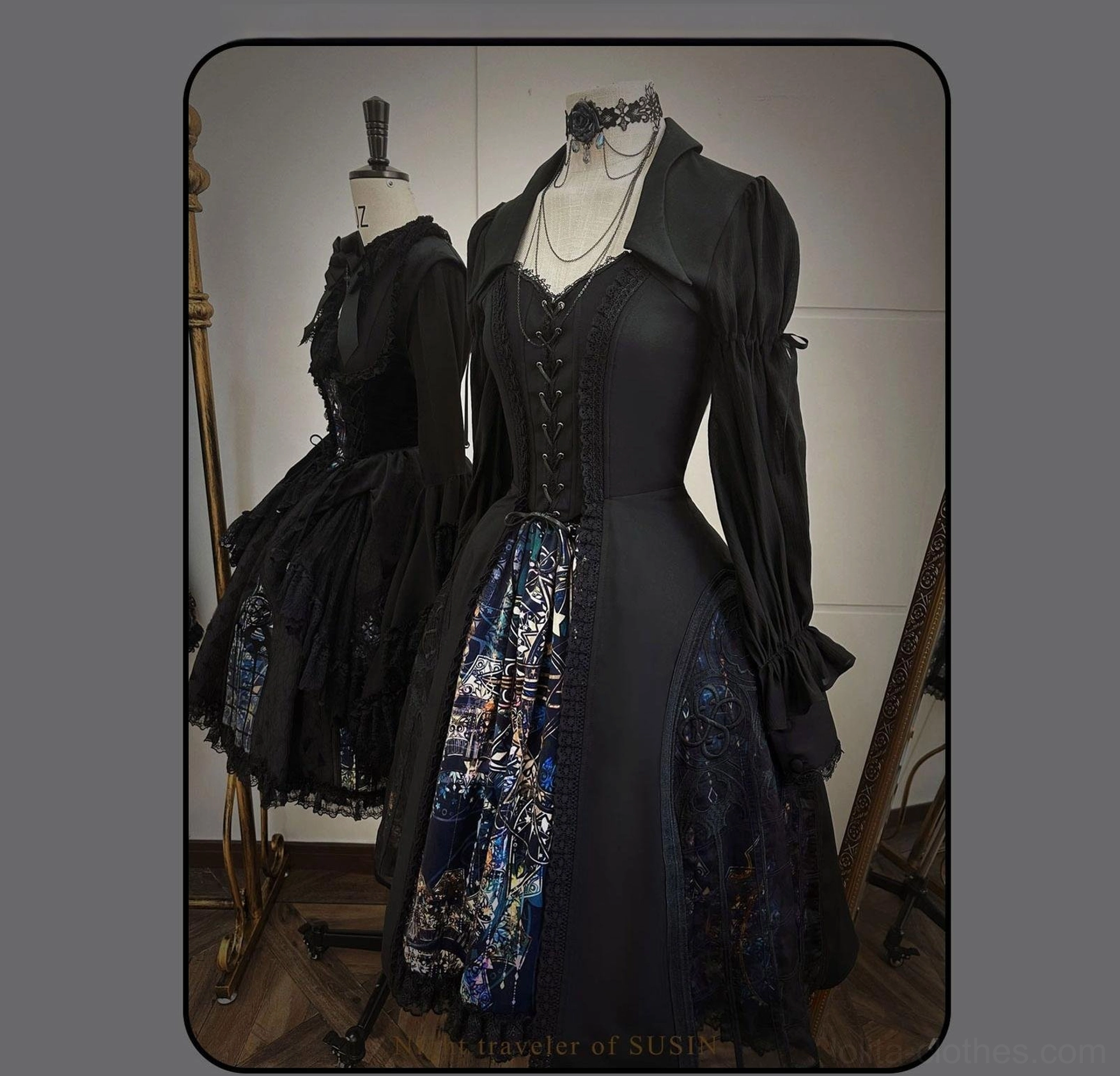 Black velvet gothic lolita skirt lace trim unique print mystery aesthetic cold weather lolita essential showcase