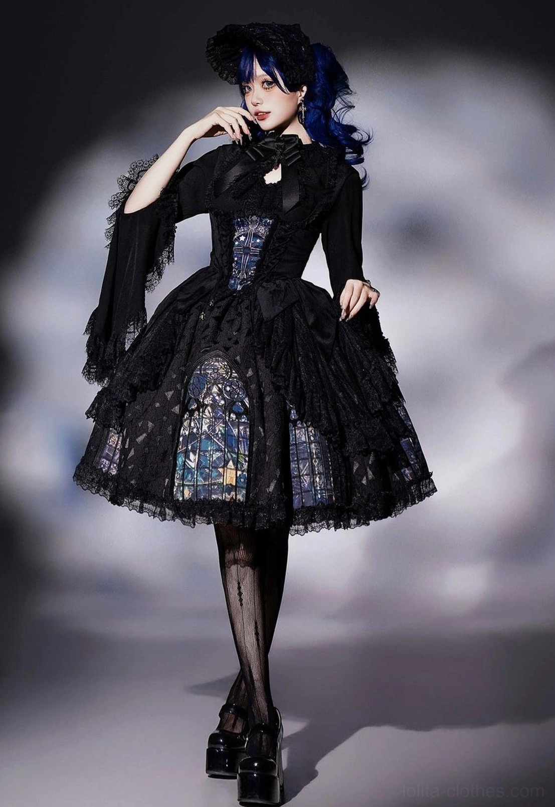 Black velvet gothic lolita skirt unique print dimensional design lace trim cold weather wear mystery aesthetic showcase detail