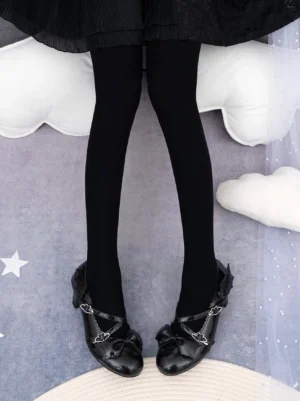 Pure black 120D velvet Lolita tights paired with black Lolita skirt and decorative cloud prop - classic gothic Lolita leg wear