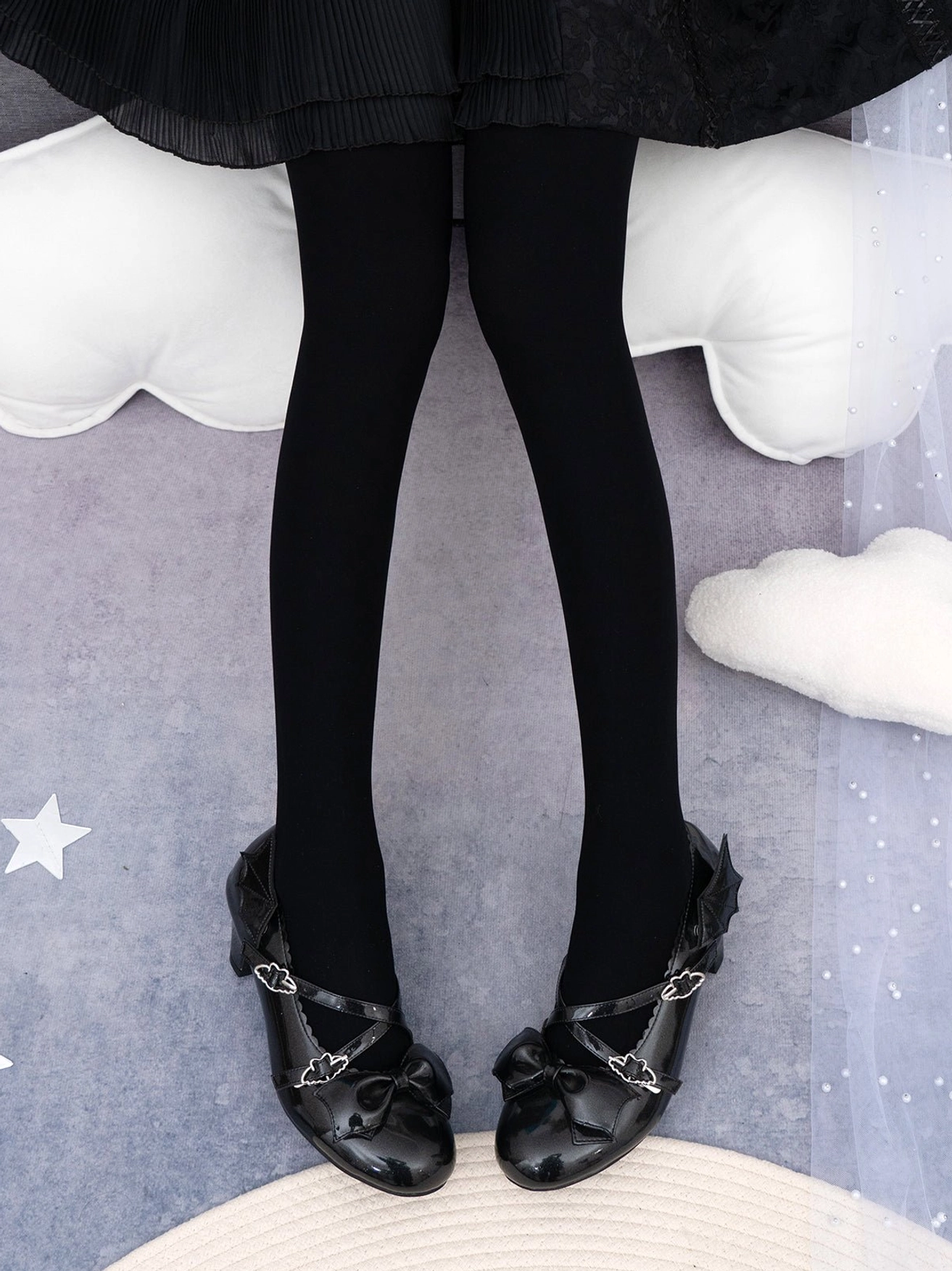 Pure black 120D velvet Lolita tights paired with black Lolita skirt and decorative cloud prop - classic gothic Lolita leg wear
