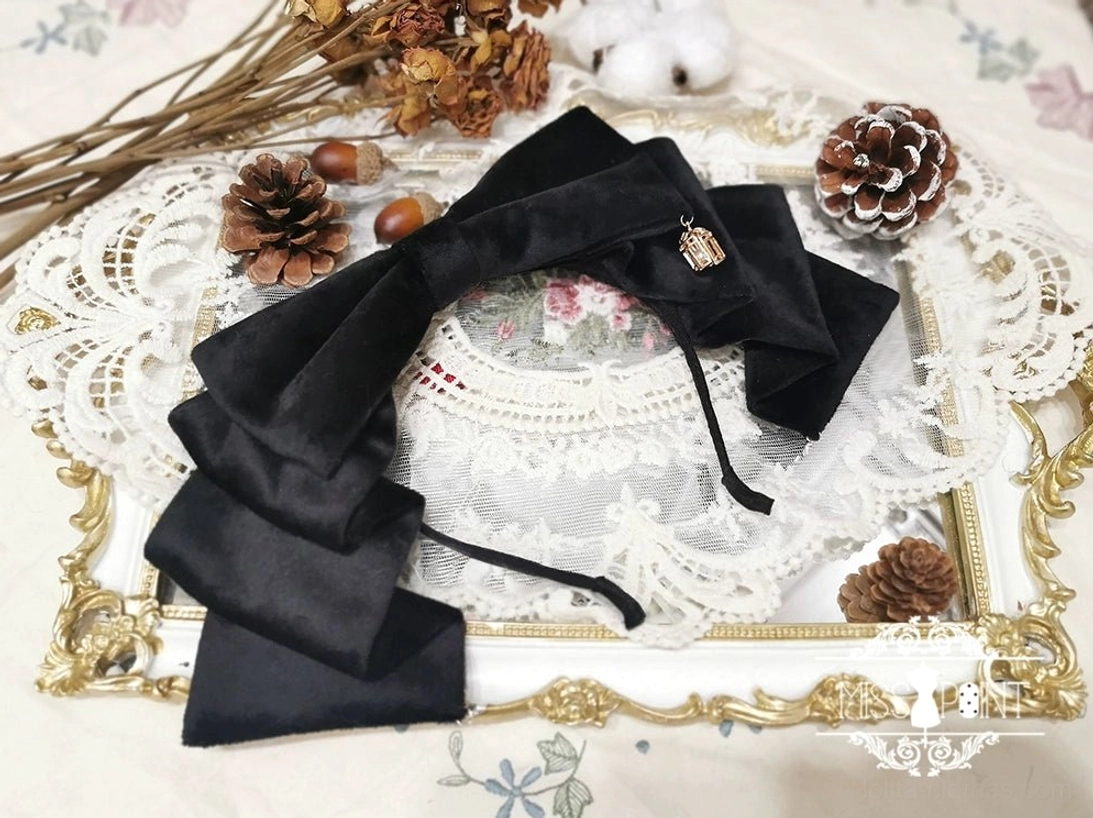 Black velvet ruffled lolita bow headband smooth velvet layered ruffled bow metal charm ornament