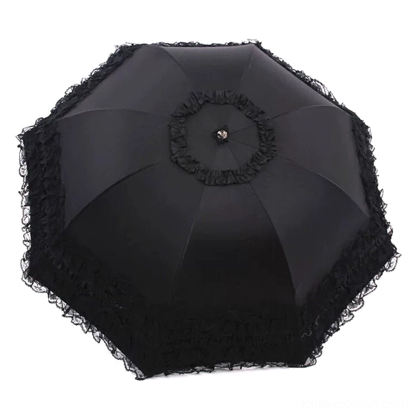 Black version C foldable lolita parasol with double-layer ruffled lace trim and black UV-protective coating, elegant metal handle and frame construction