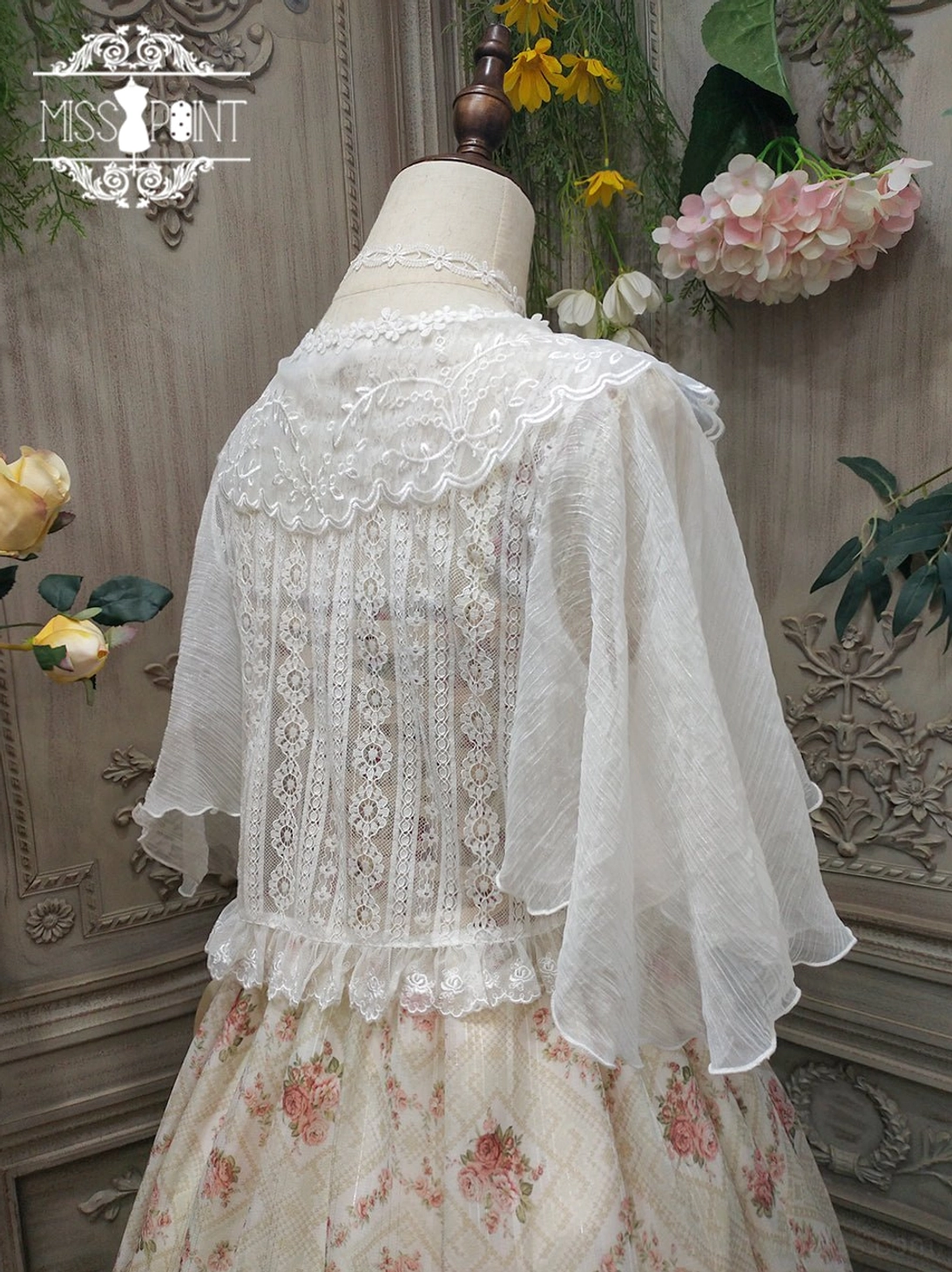 black vintage lolita blouse with Peter Pan lace collar and sheer chiffon sleeves formal wear