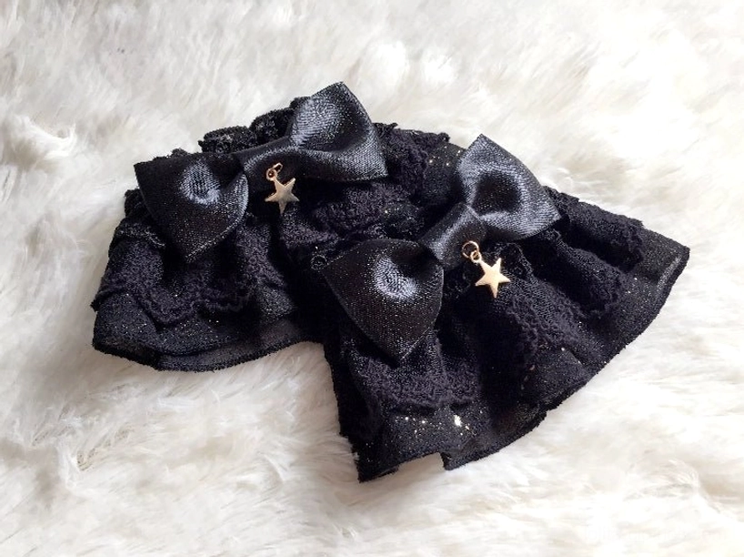 Black vintage Lolita cuffs accessory to coordinate with Celestial Whisper bow headdress for complete hand-to-head styling