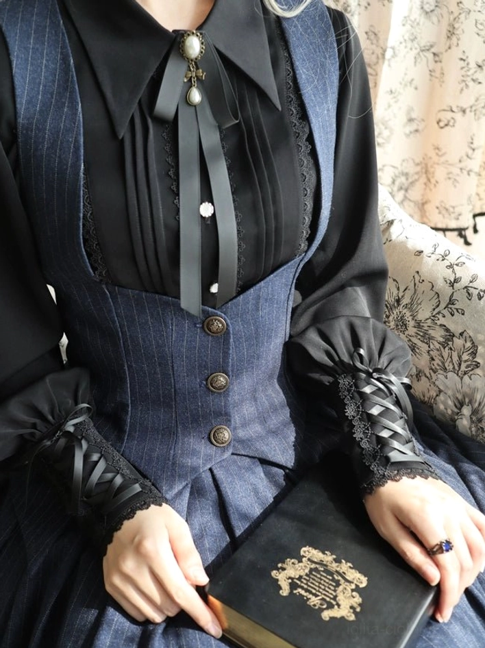 Black pointed collar vintage Lolita long-sleeve shirt with pleated front details, professional studio photography showing tailored construction and elegant design suitable for Gothic Lolita coordinates
