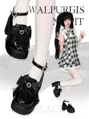 Close-up side view of black Walpurgis Night Mary Jane lolita heels on model wearing white stockings, showing shiny patent leather finish, lace bow with gem center, ankle strap buckle detail, and substantial platform sole