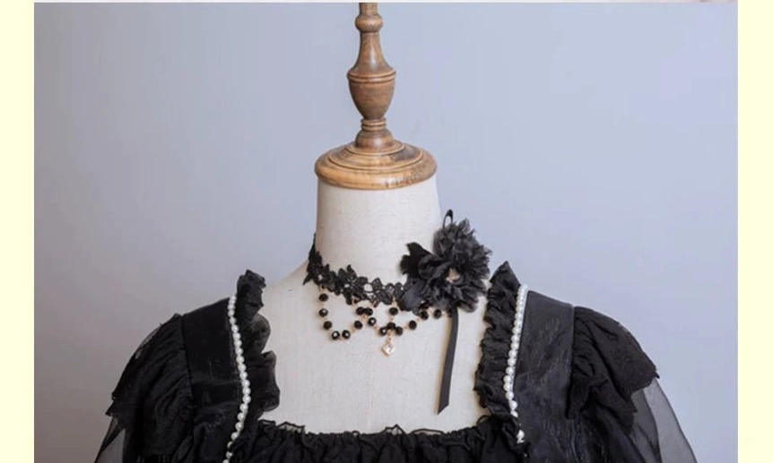 Black waltz classic lolita gloves pair with detailed faux pearl or heart decoration style options, elegant wrist accessory for complete lolita coordinate