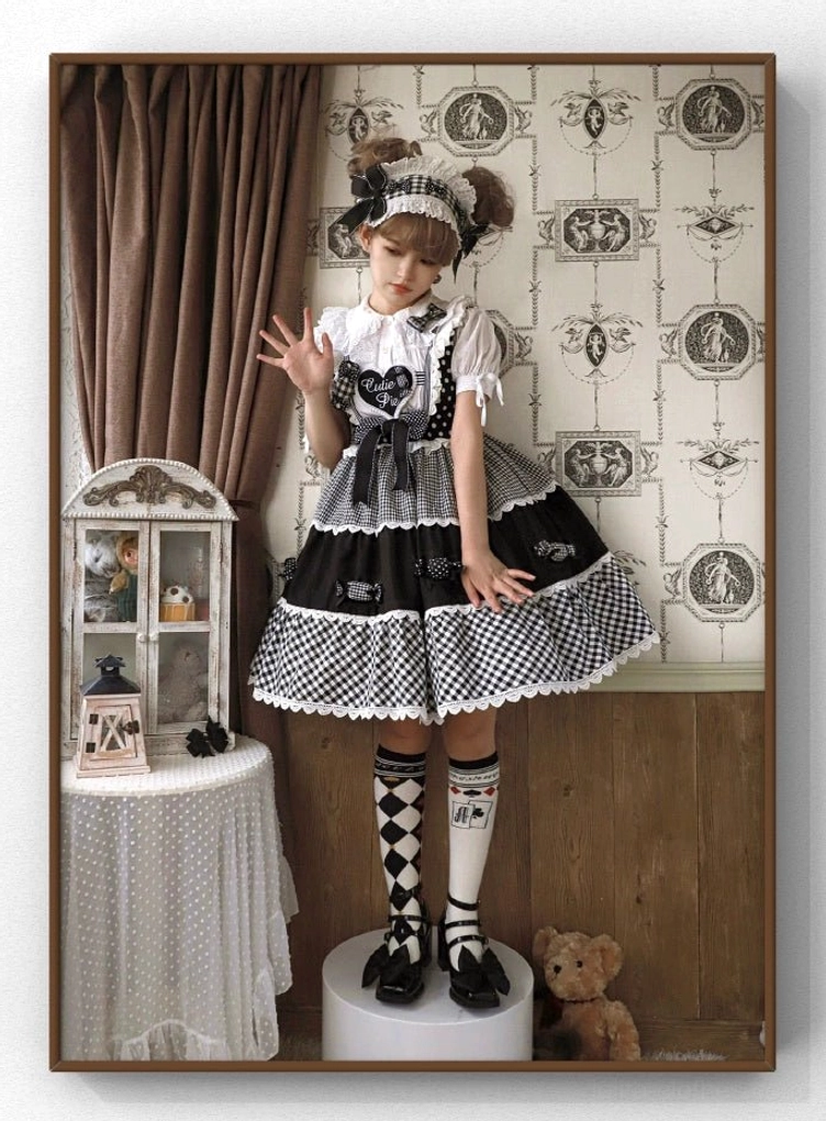 Black and white asymmetrical poker card lolita cotton socks photography styling tea party setting with Lolita subculture elements