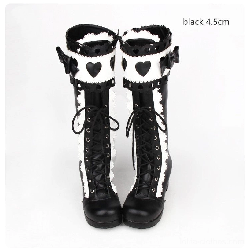 Black and white contrast lolita mid-calf boots with 4.5cm heel labeled front flat display showing color scheme and design elements