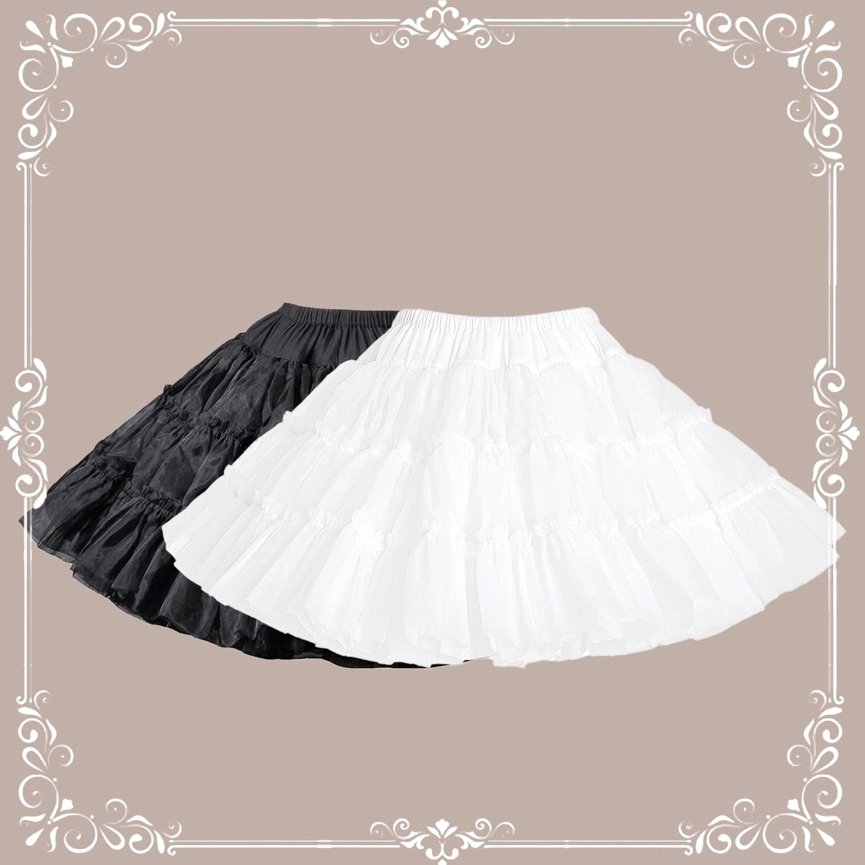 Black and white extreme puffy lolita petticoats side-by-side flat lay comparison showing identical A-line tiered ruffled tulle construction