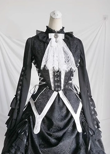 Black-and-white gothic lolita corset vest variant individual product view showing dual-color aesthetic, skeleton-pattern decoration, side lacing, butterfly hemline, and contrast design