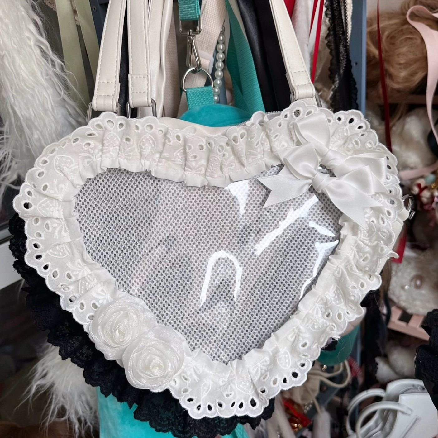 black and white heart-shaped mesh lolita handbag front close-up ruffled lace edge rose decorations
