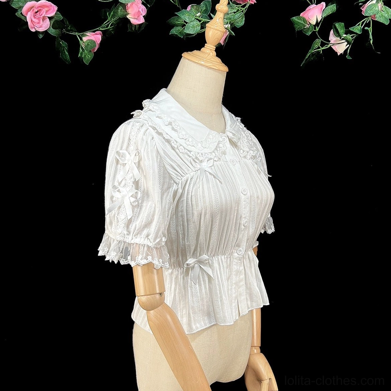 Black and white lace sweet lolita blouse long sleeve puff sleeves doll collar coordinate