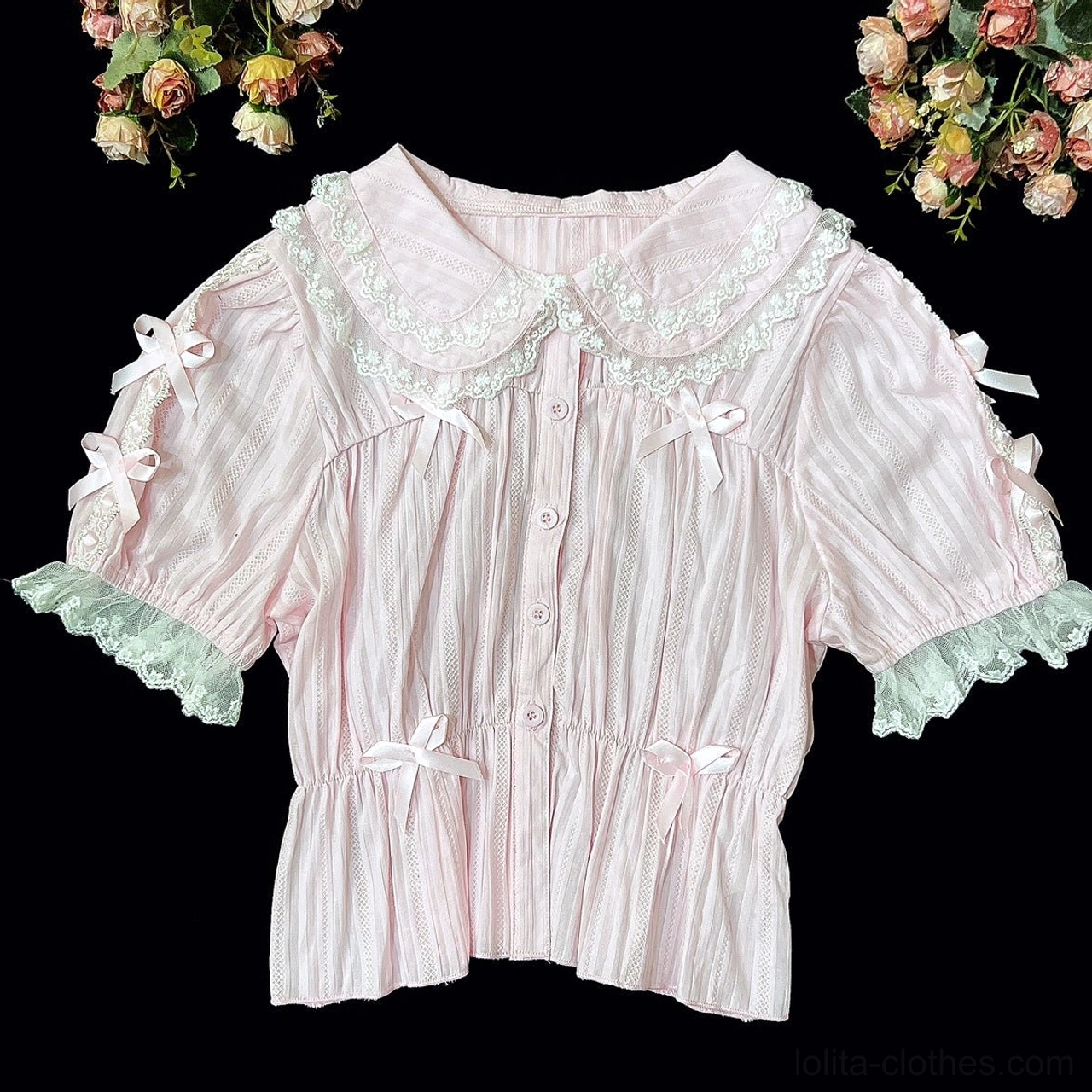 Black and white lace sweet lolita blouse short sleeve jacquard cotton casual wear fashion