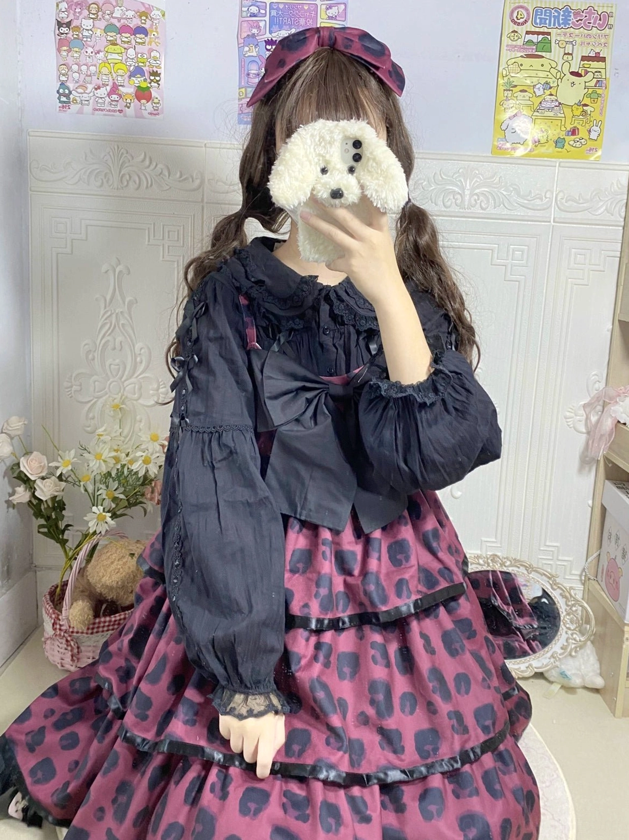 Black and white lace sweet lolita blouse long sleeve doll collar jacquard cotton fabric