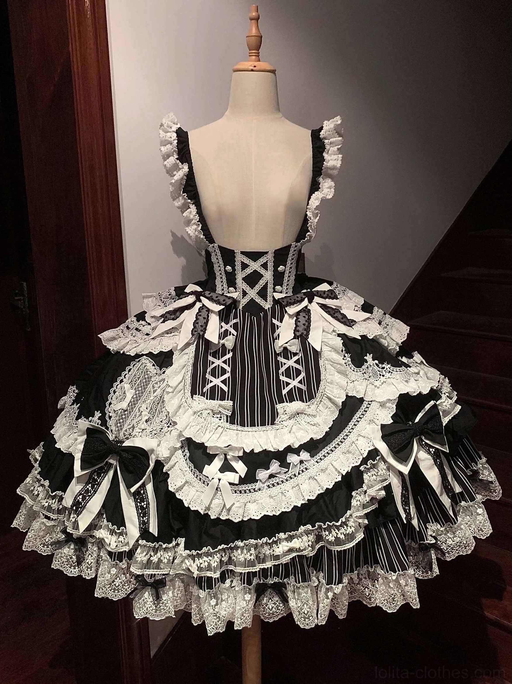 Black and white lolita bonnet cape set cross styled bodice straps elegant gothic details