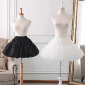 Black and white adjustable lolita petticoat boneless pannier displayed on two dress forms showing front view comparison